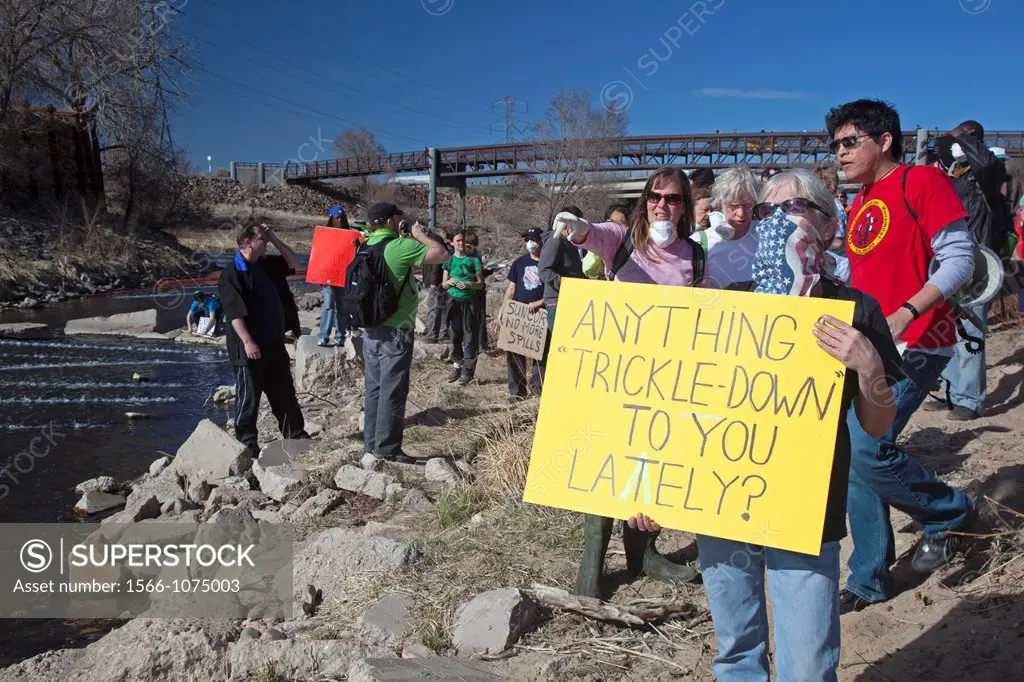 Commerce City, Colorado - Environmentalists and community residents protest the contamination of Sand Creek and the South Platte River with cancer-cau...
