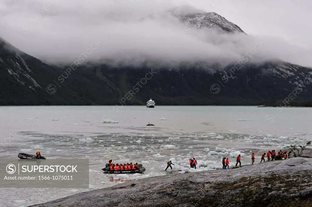 the Cruise Ship Stella Australis near the Pia Glacier, Cordillera Darwin, Beagle Channel Northeast branch, Tierra del Fuego, Patagonia, Chile, South A...