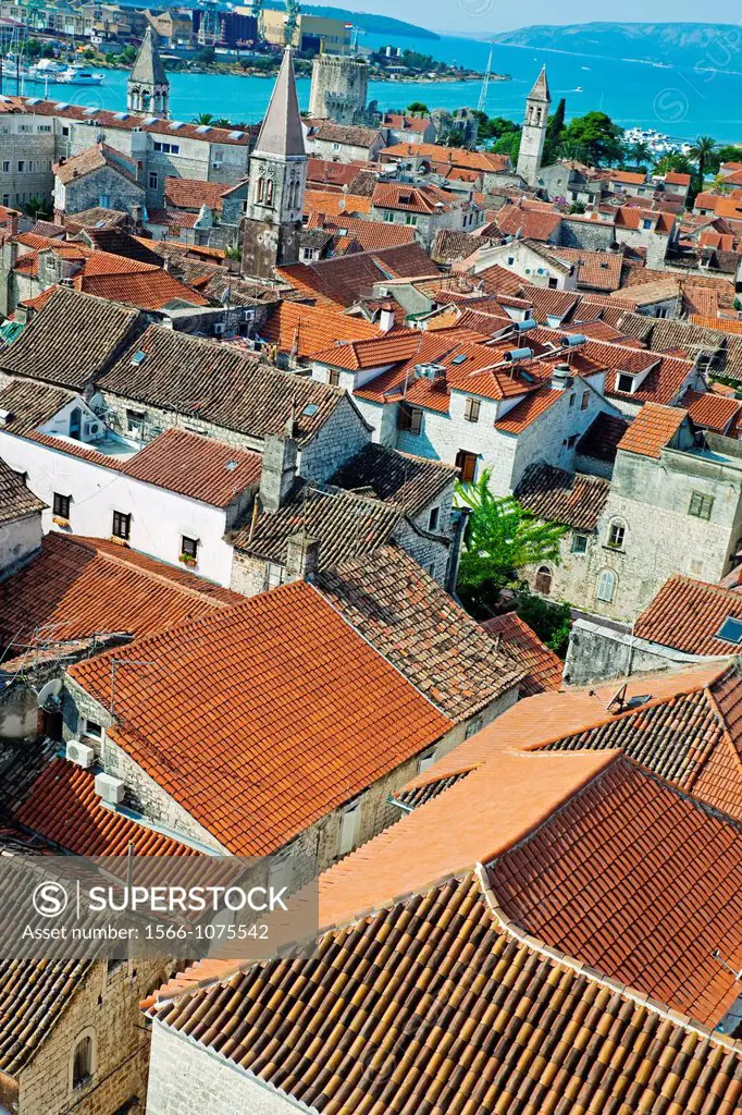 View from the Cathedral of St  Lovro Tower, historical center listed as World Heritage by UNESCO, City of Trogir, Dalmatian coast, Dalmatia, Croatia.