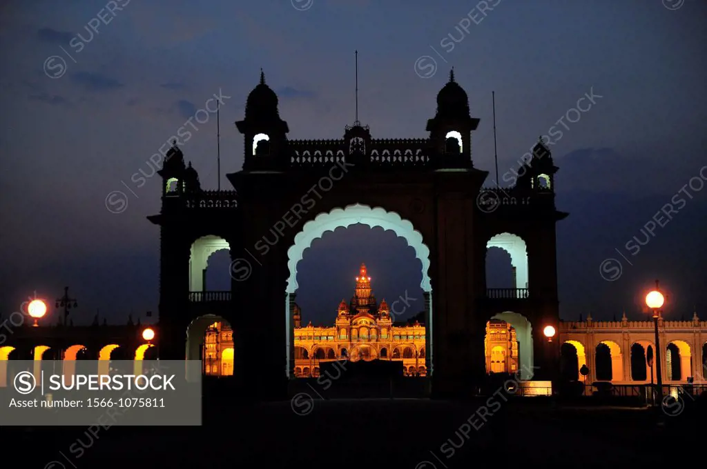 Mysore palace in Karnataka illuminated at night,South India,Asia