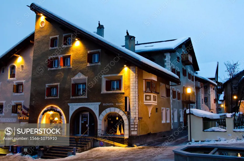 Night scene of buildings in Zuoz, Engadine, Switzerland