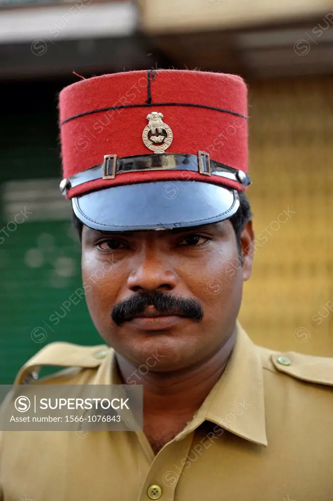 Portrait of Indian policeman in Puducherry Pondichery,Tamil Nadu,South India,Asia