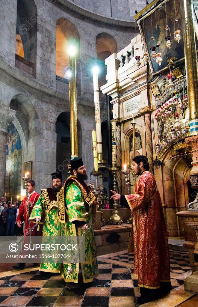 A Greek Orthodox ceremony by the Sepulcher- Jesus Tomb inside the Church of the holy Sepulcher