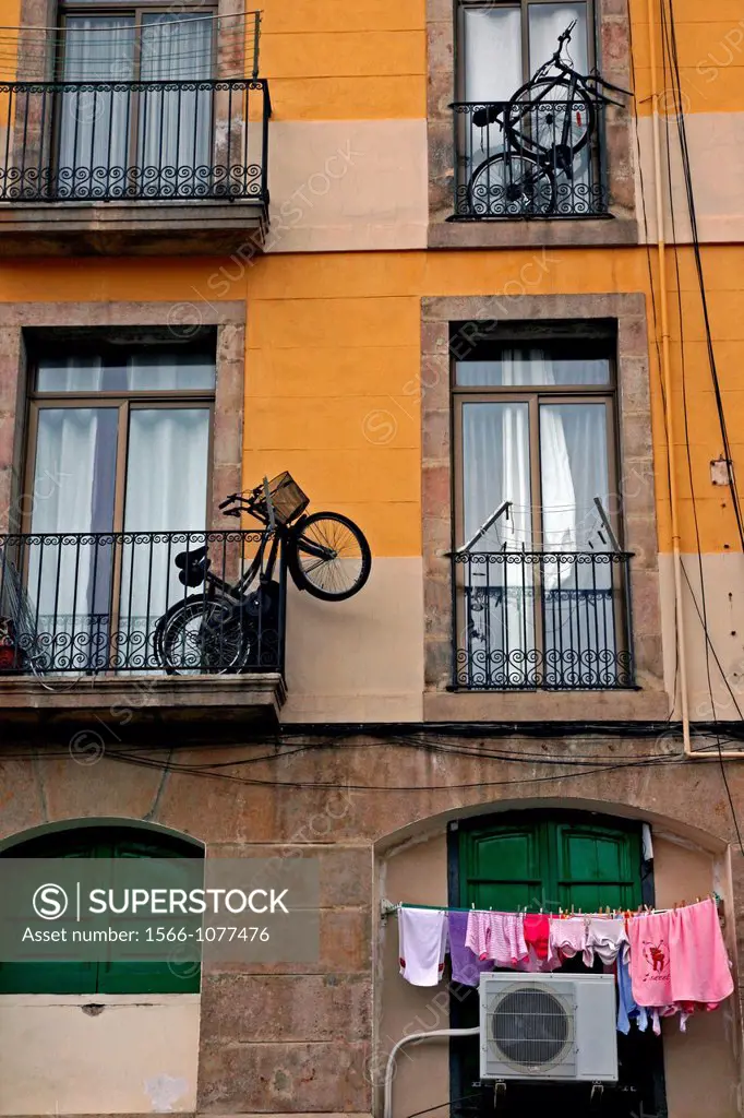 balconies, bicycles, old quarter, Barcelona, Catalonia Spain 