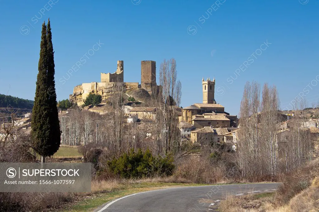 Spain , Aragon region , Un Castillo City, town skyline, almond tree