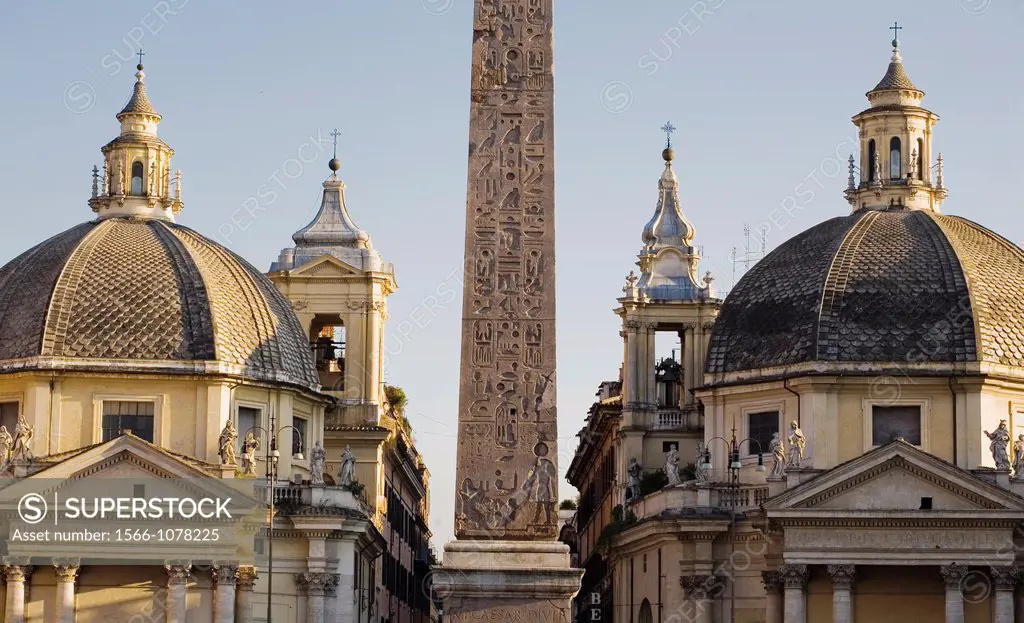 Santa Maria dei Miracoli, Santa Maria di Montesanto, An Egyptian obelisk of Sety I later erected by Ramsés II II from Heliopolis, Piazza del Popolo, R...