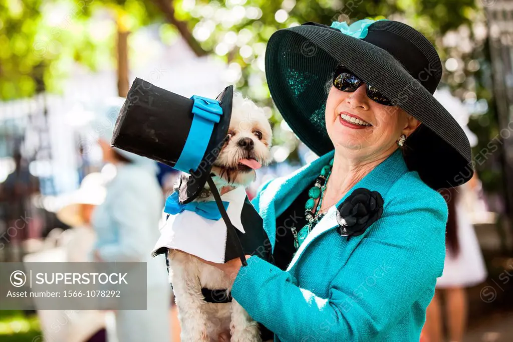 A dog wearing a top hat at the annual Hat Ladies Easter Promenade April 7, 2012 in historic Charleston, South Carolina