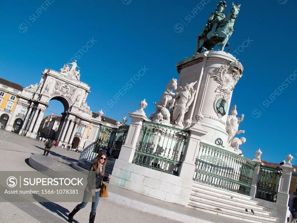 Jose I statue and Rua Augusta Arch, Comercio Square, Lisbon, Portugal