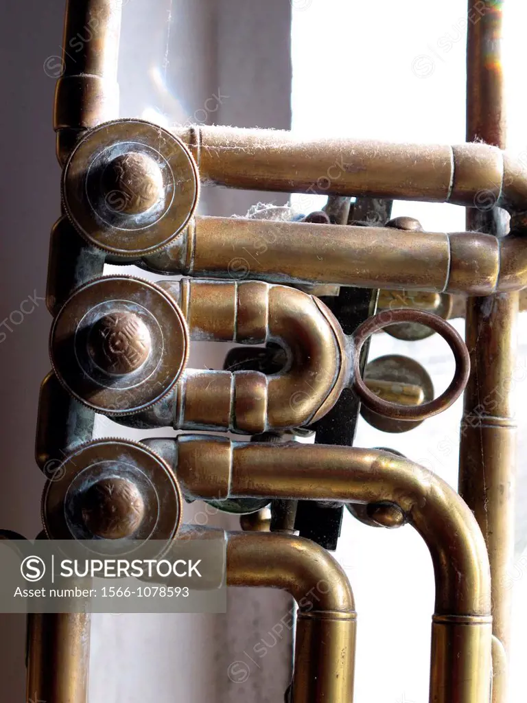 old brass horn trumpet music instrument by window