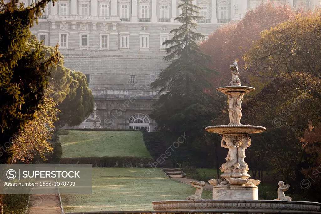 Royal Palace and Campo de Moro gardens in autumn, Madrid, Spain