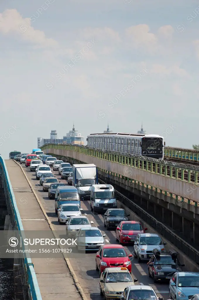 Traffic on the Metro Bridge, Mist Metro, over the Dnieper RiverKiev, Ukraine, Europe