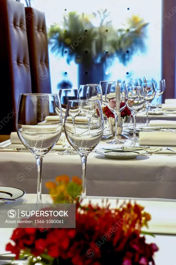 PARIS, France - Haute-Cuisine Restaurant, Ile-St-Louis, Interior Dining Room, Detail Table Settings,