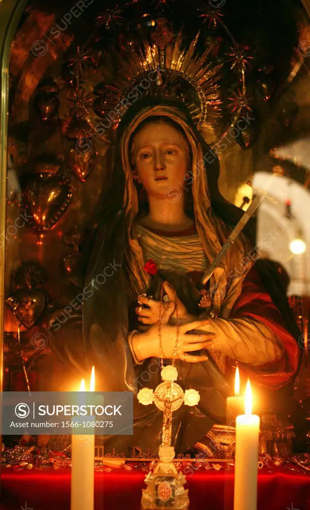 A statue of Mary inside the Church of the Holy Sepulchre on the Via Dolorosa Way of Suffering in the old city of Jerusalem