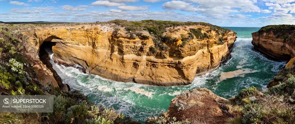 The coastline near Loch Ard Gorge, panorama of the chasm ending in the sea cave called Thunder Cave, Great Ocean Road, Australia The Loch Ard was a th...