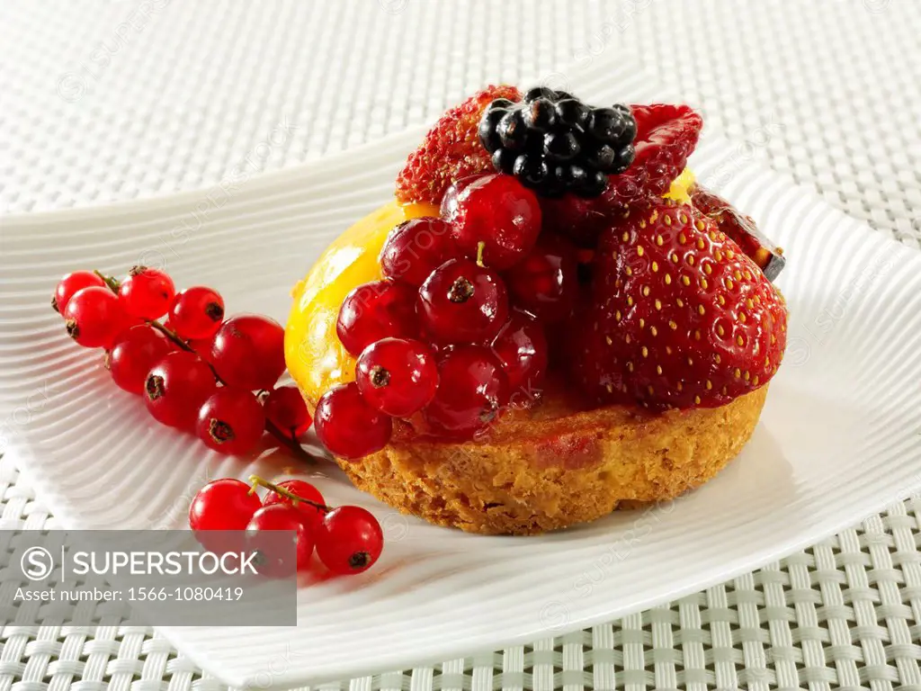 A modern fruit cake with redcurrants, wild strawberries, blacberry and creme patisserie in a light sponge case in a designer dish