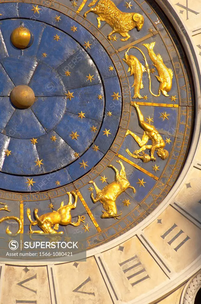 Close up of the clock face on the The Bell Tower - Saint Mark´s Square - Venice Italy