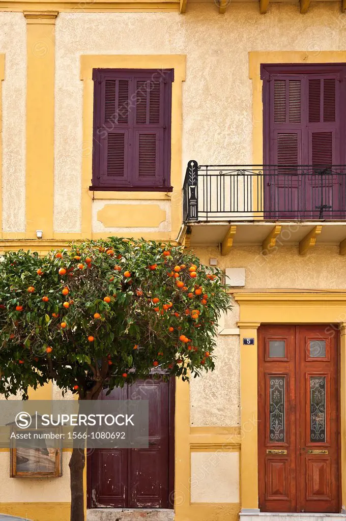 Colourfull house facade in the old town of Nafplio, Greece´s first capital after independence, Argolid, Peloponnese, Greece