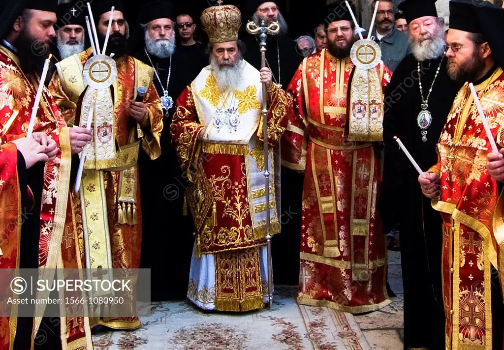 A Greek Orthodox church cremony  Patriarch of Jerusalem Theophilos III in the center