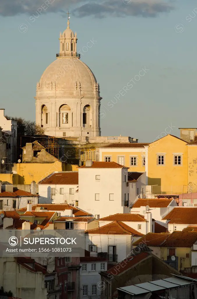 View from Miradouro Santa Luzia on the church Igreja Sao Vicente de Fora, Alfama district, Lisbon, Portugal, Europe
