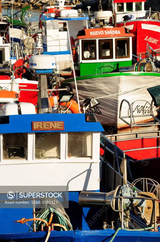 Fishing boats tied to the docks in Porto do Son, Coruña, Galicia, Spain