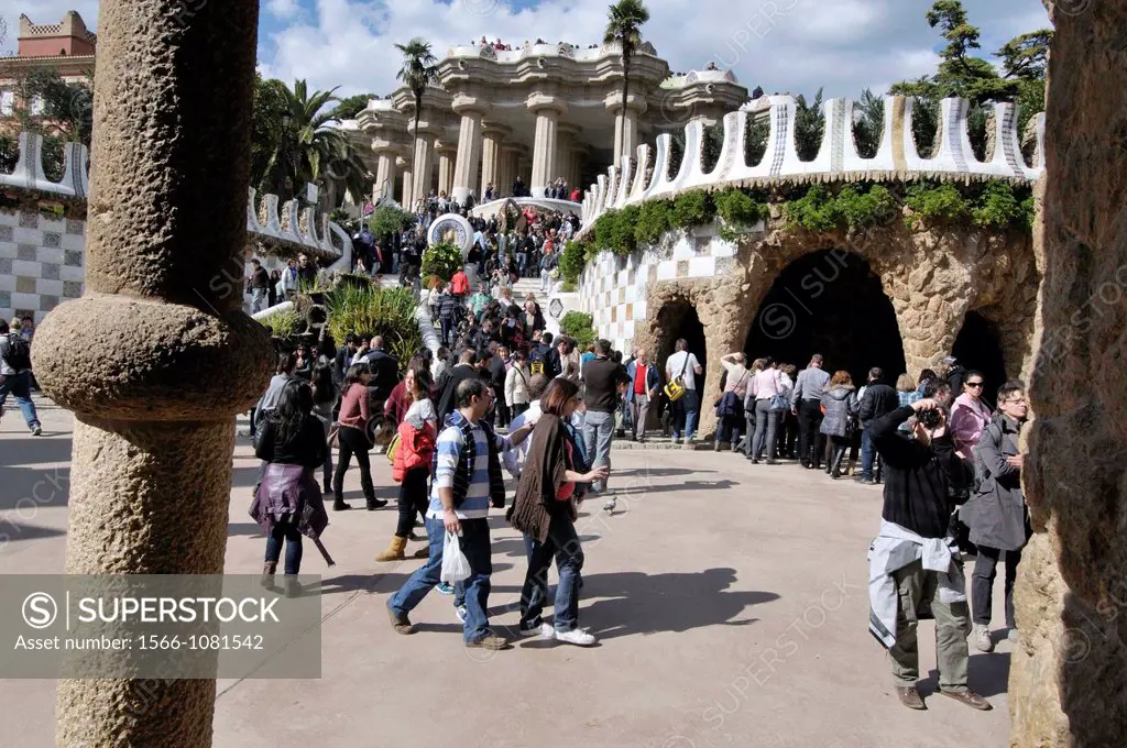 Park Güell  Garden complex with architectural elements situated on the hill of el Carmel  Designed by the Catalan architect Antoni Gaudí and built in ...