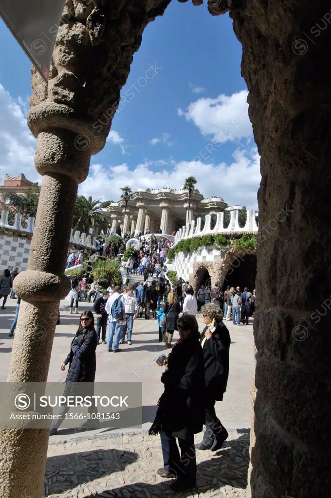 Park Güell  Garden complex with architectural elements situated on the hill of el Carmel  Designed by the Catalan architect Antoni Gaudí and built in ...
