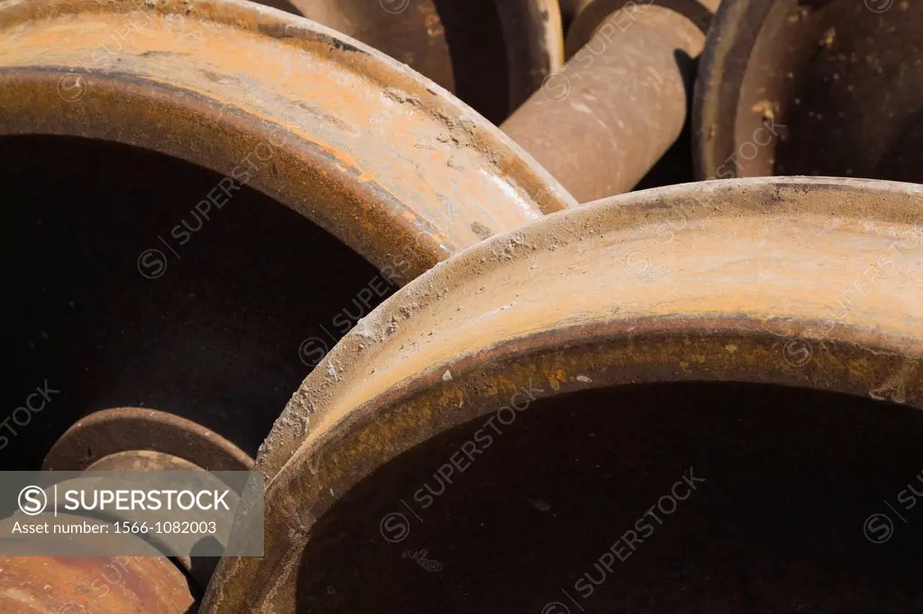 Close-up of Steel Railway Car Wheels at a Scrap Metal Recycling Yard, Quebec, Canada