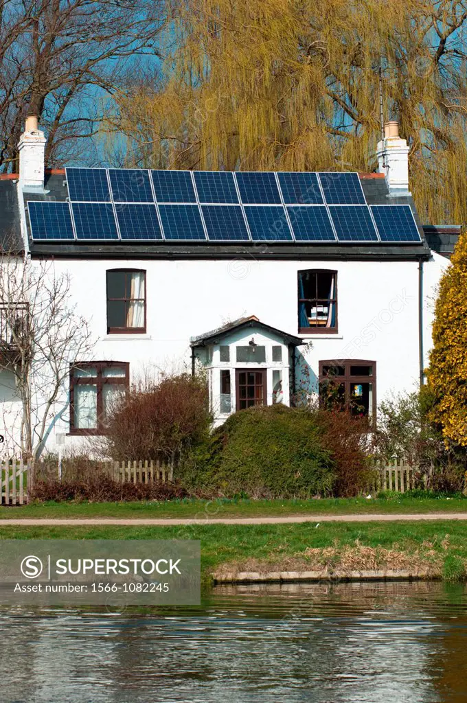 Solar panels on the roof of a house on the river Cam near Cambridge  England