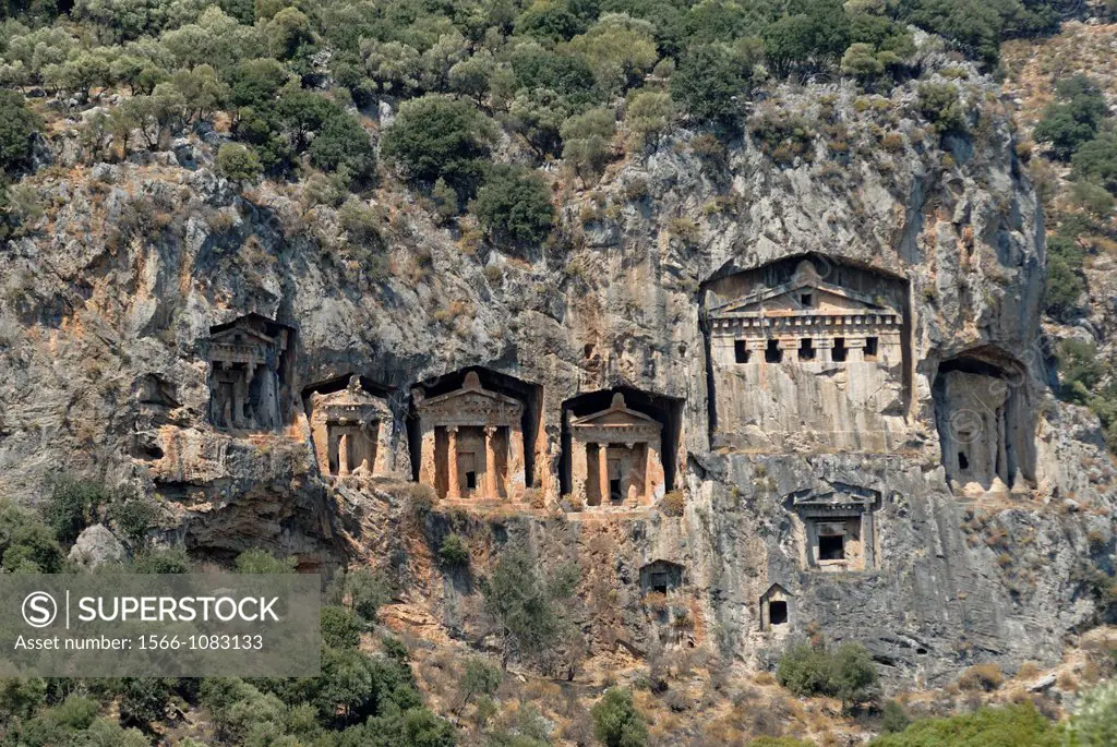 rock-cut Lycian tombs over the channel of Dalyan, Turkey, Eurasia