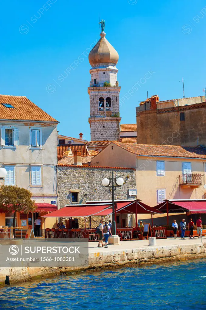 Port and 16th century Gothic styled bell tower topped with a 1767 Baroque dome of the Cathedral of Krk, Krk Island, Croatia