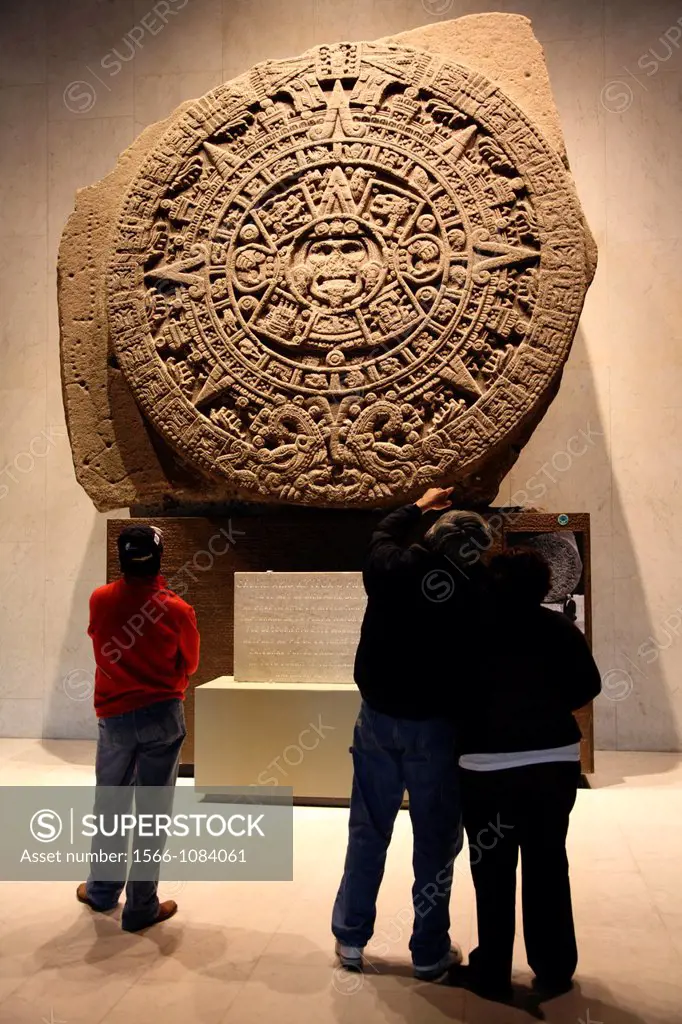 Stone of the Sun aka Aztec calendar stone display in National Museum of Anthropology  Mexico City  Mexico.