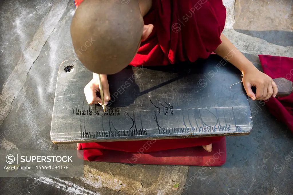 Tibetan Buddhist monk studying and writing Gaden Shartse monastery. Tibet.