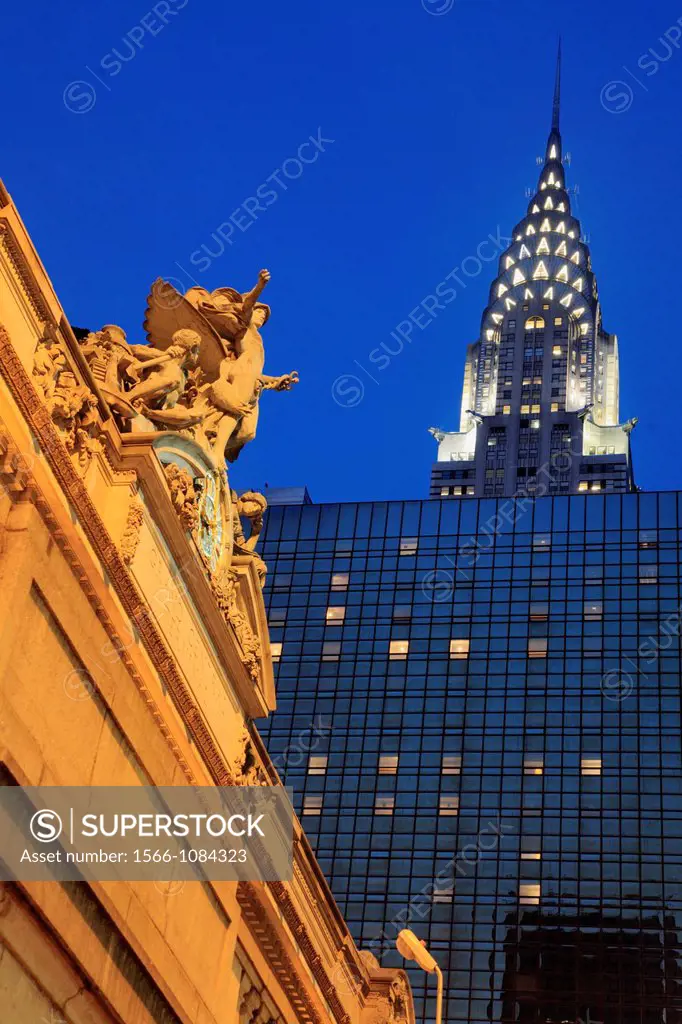 The twilight view of Grand Central Terninal with Chrysler building in the background  Manhattan  New York City  USA.