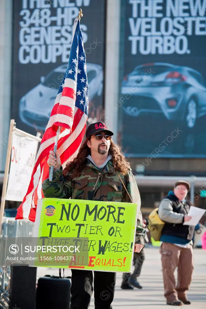 Detroit, Michigan - Auto workers rally outside the North American International Auto Show, protesting job losses, wage cuts, and other contract conces...