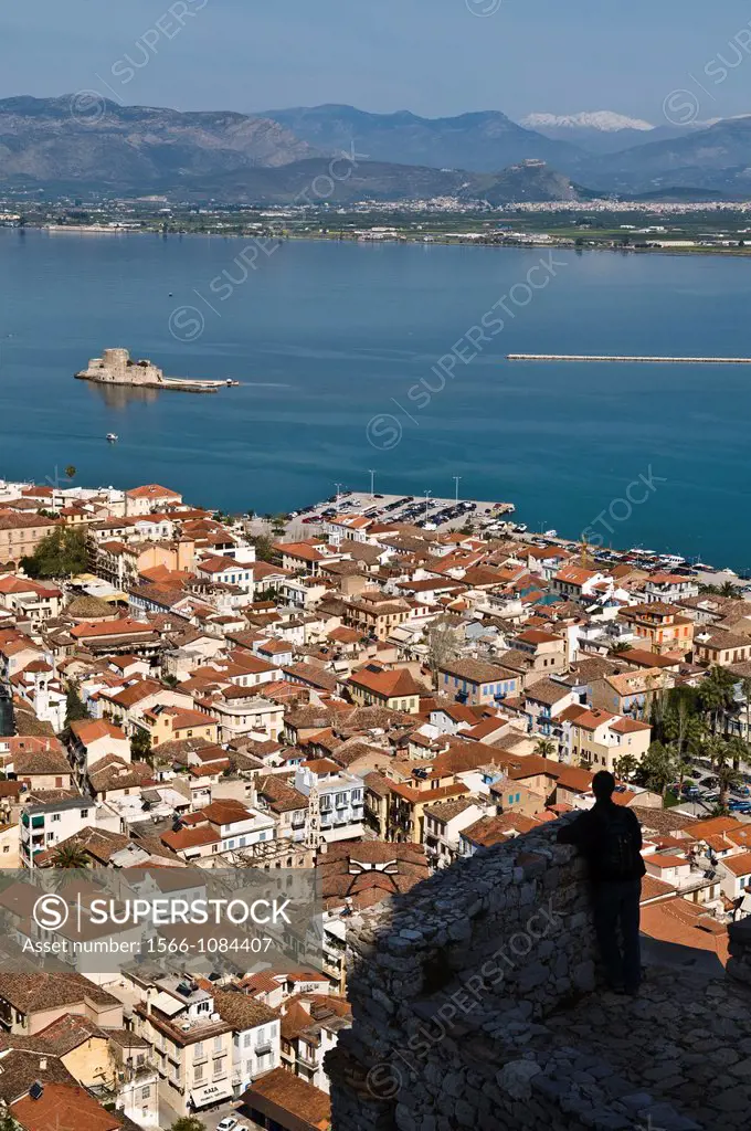 Looking down on the old town of Nafplio and across the Argolikos Gulf, from the steps leading up to the Palamidihi fortress  Argolid, Peloponnese, Gre...