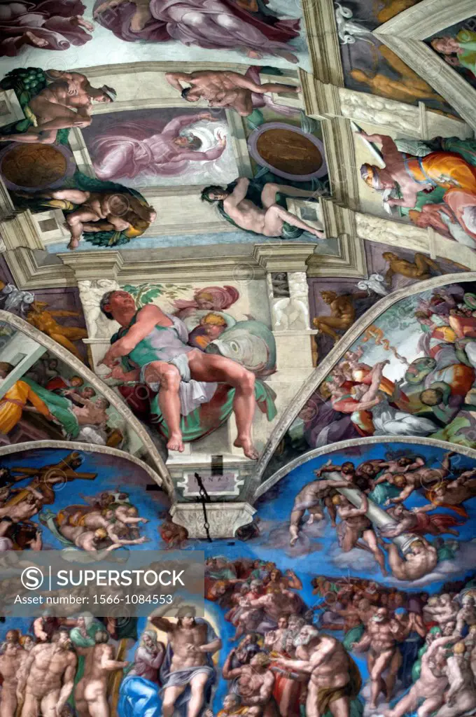 Michelangelo´s frescoes of Jonah one of Seven Prophets and upper part of The Last Judgement , Sistine Chapel, Vatican Museum, Rome, Italy
