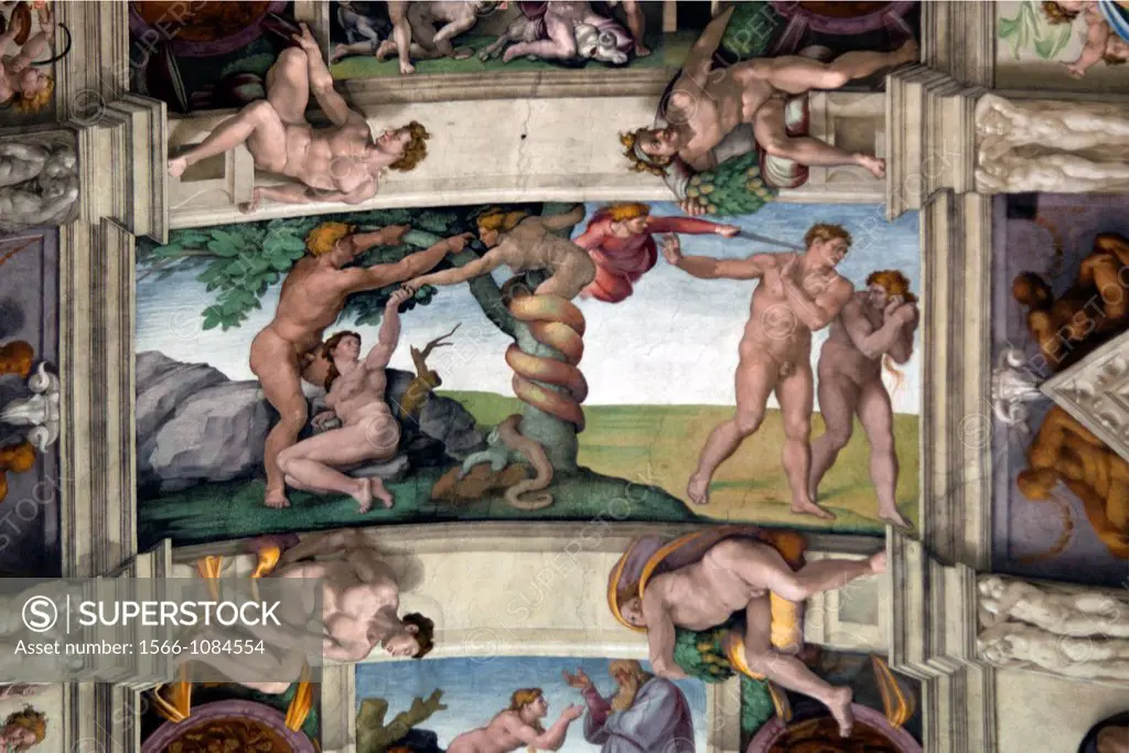 Michelangelo´s famous Expulsion from Paradise, central panels of ceiling frescoes , Sistine Chapel, Vatican Museum, Rome, Italy