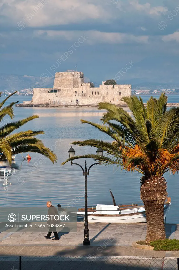 The harbour at Nafplio with the Bourtzi island and fort in the background, Argolid, Peloponnese, Greece