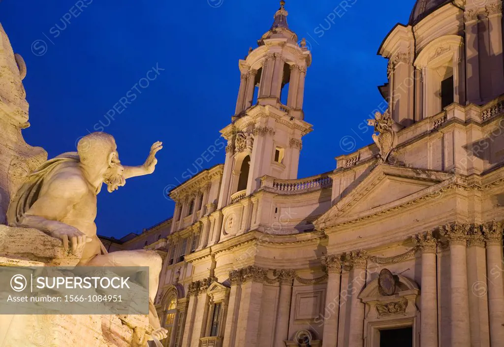Saint Agnese in Agone church, Fountain of the Four Rivers, Fontana dei Quattro Fiumi, Piazza Navona, Rome, Lazio, Italy, Europe.