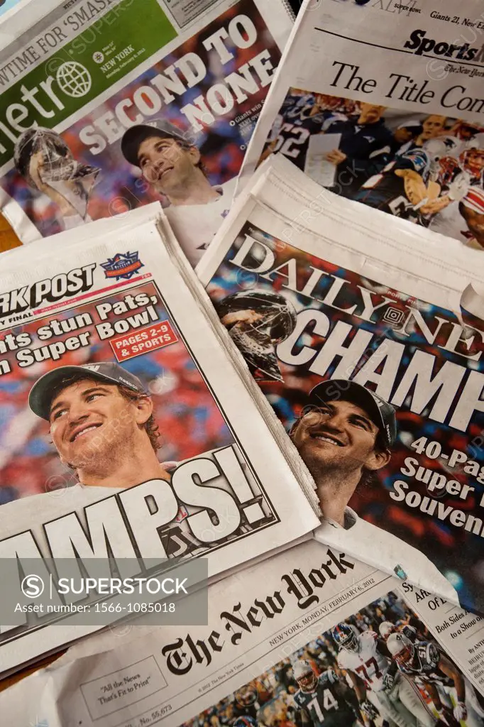 Headlines of New York newspapers on Monday, February 6, 2012 report on the previous day´s victory of the New York Giants against the New England Patri...