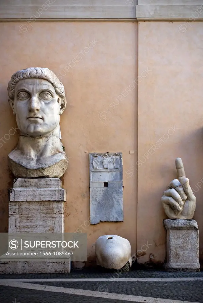 Fragments from a colossal statue of Constantine from the Basilica of Maxentium, courtyard of Palazzo dei Conservatori, Roma, Latium, Italy