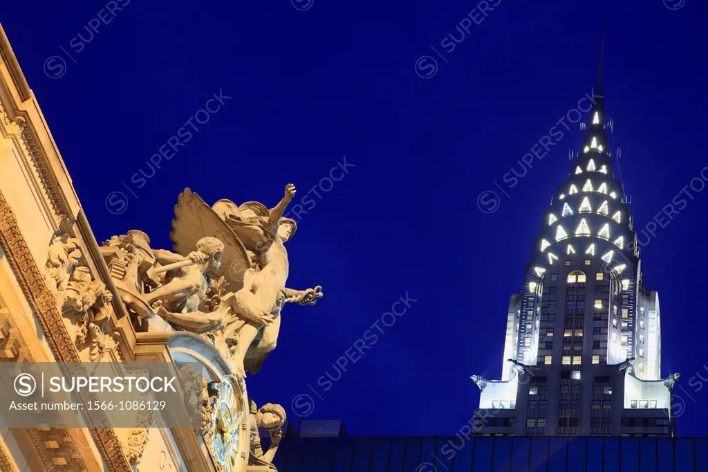 The night view of Grand Central Terninal with Chrysler building in the background  Manhattan  New York City  USA.