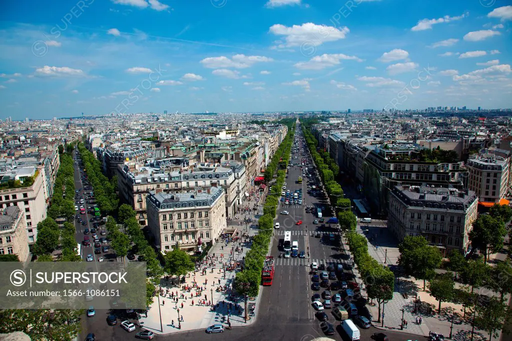 The rooftops of Paris looking down the Avenue des Champs-Elysees, France
