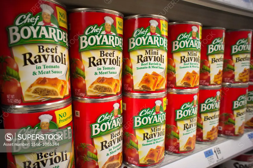 Cans of ConAgra´s Chef Boyardee canned ravioli and other products are seen on a a supermarket shelf in New York ConAgra recently announced that its se...