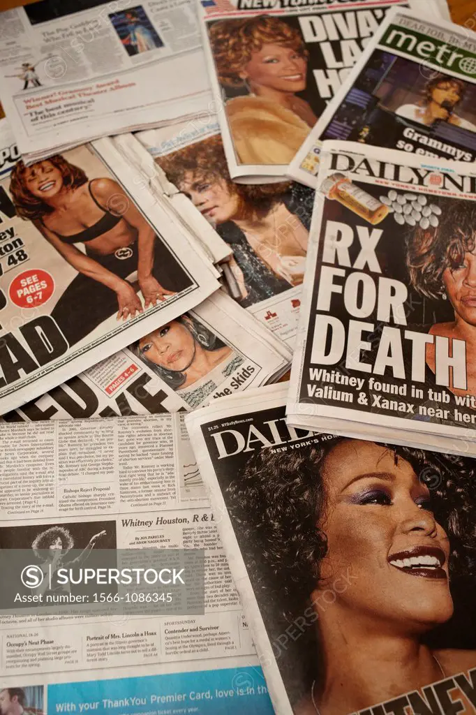 A collection of New York City newspaper covers over several days relating to the death of the singer Whitney Houston on Saturday, February 11, 2012
