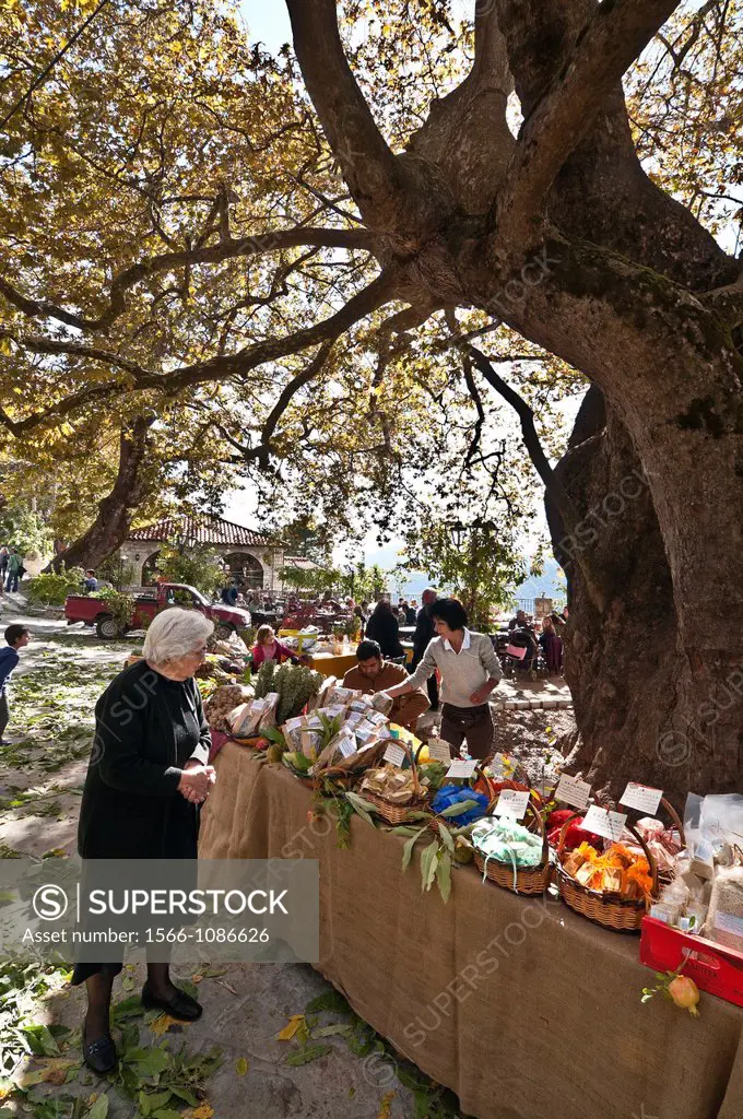 Produce for sale at the Arna chestnut festival, held on the last weekend in October, high on the slopes of the Taygetos mountains, Lakonia, Peloponnes...