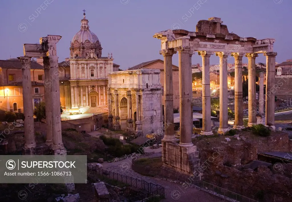 Columns of the Temple of Vespasian, Church of Santi Luca e Martina, Arch of Septimius Severus, Temple of Saturn, Forum Romanum, Roman Forum, Rome, Laz...