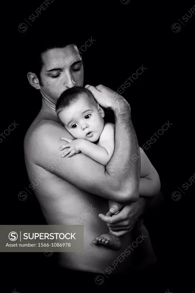 Young father with his baby  Black and White