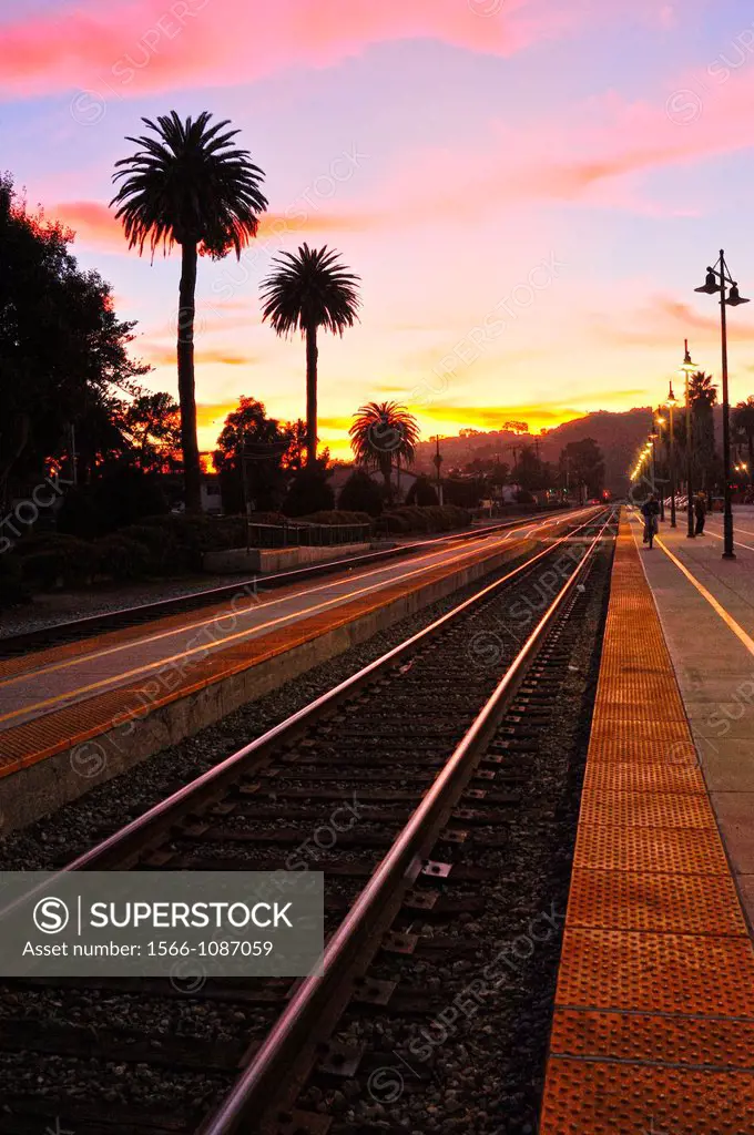 railway station with California Fan Palm, Santa Barbara, California, USA