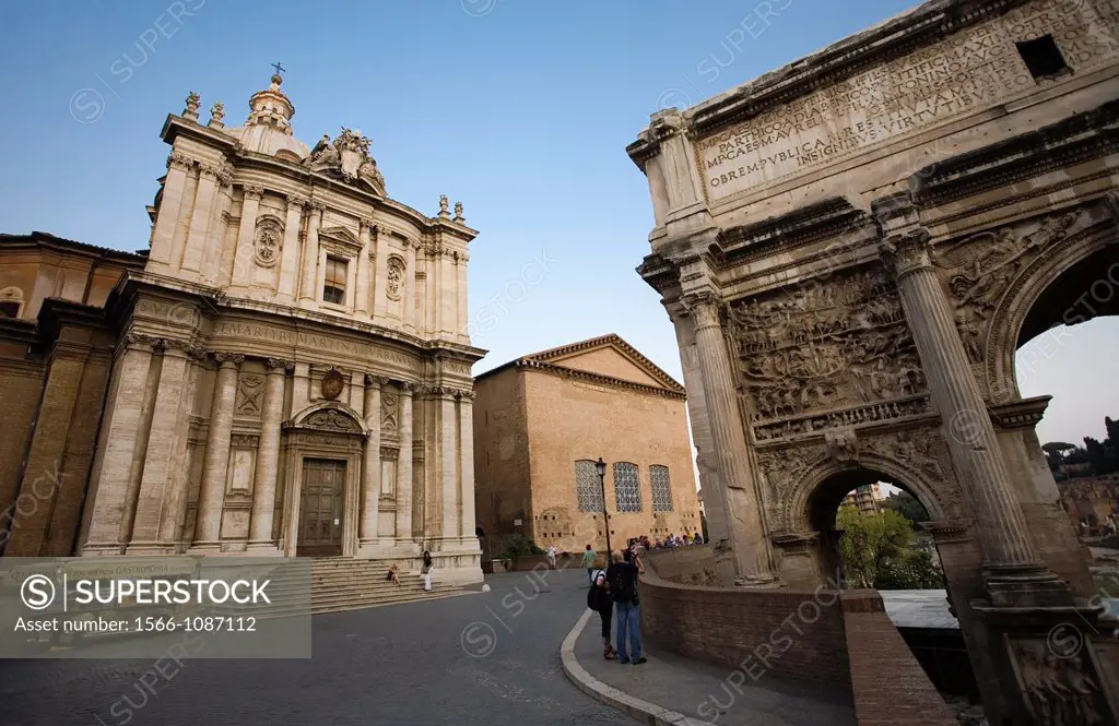 Santi Luca e Martina church and Arch of Septimus Severus, situated between the Roman Forum and the Forum of Caesar, Rome, Italy, Europe.